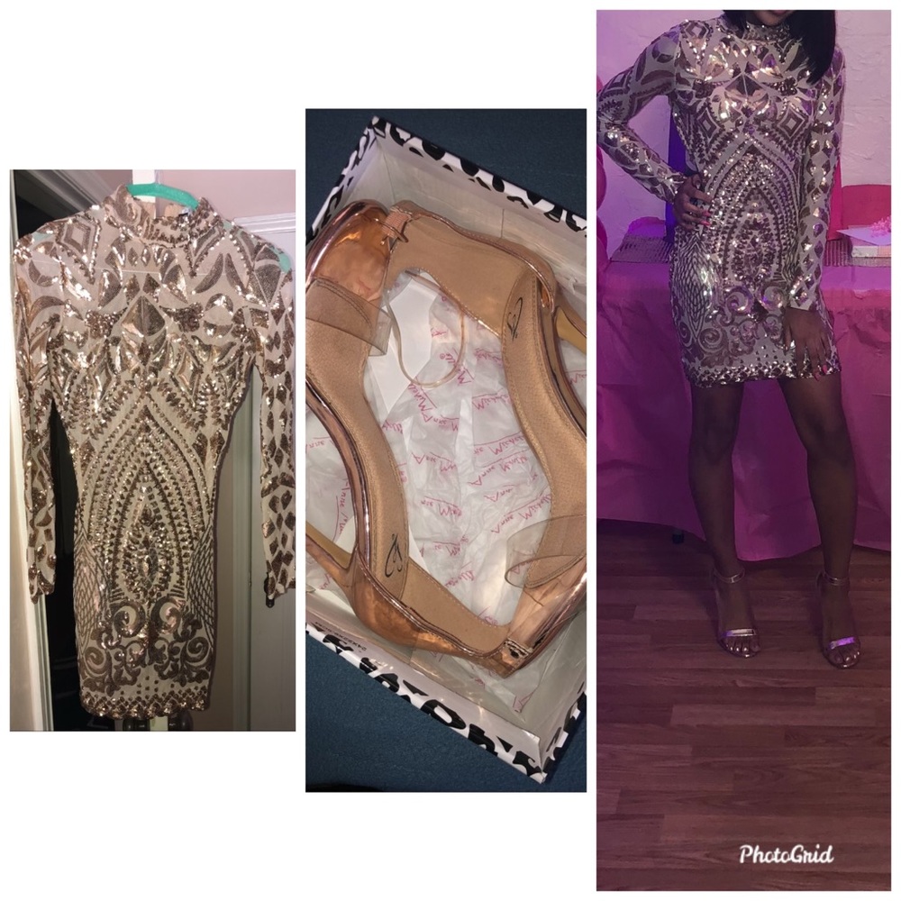 long sleeve. sheer and gold dress.